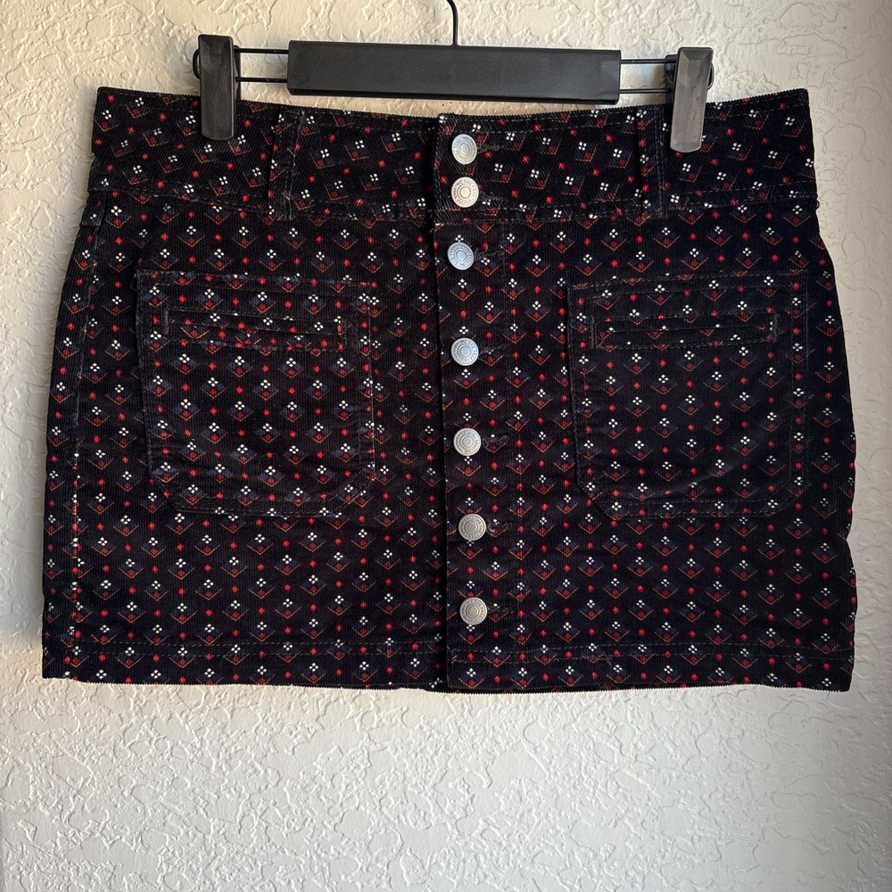 Free People We The Free Women 28 Mini‎ Skirt Black Corduroy Button Front Printed